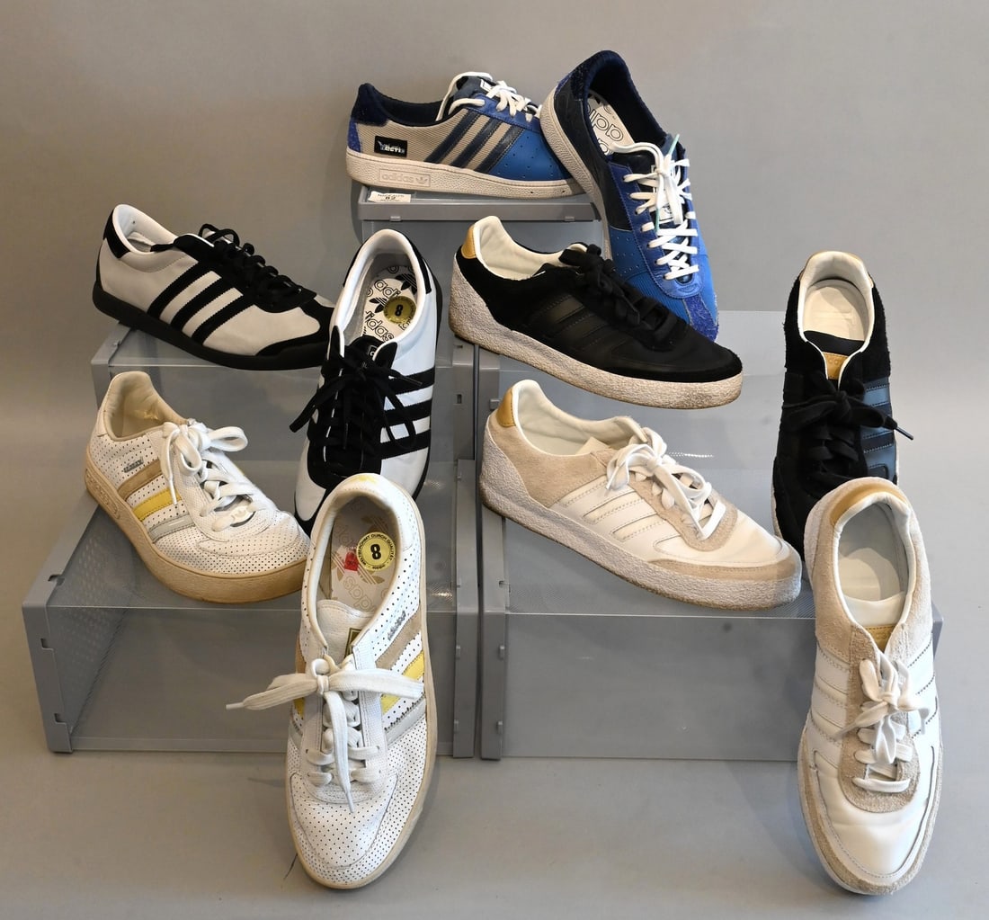 Five Pairs of Men's Adidas Sneakers: Five Pairs of Men's Adidas Sneakers Adidas Sneakers Realmad Hectic x Adidas Originals TOPS! IMMOTILE in Blue Slightly worn with few marks on sole Size 8.5 Adidas Sneakers White Has built in holes thro