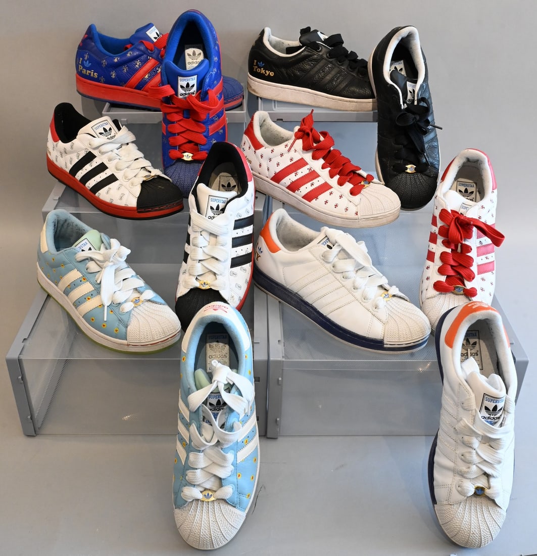 Six Pairs of Men's Adidas Sneakers: Six Pairs of Men's Adidas Sneakers Adidas Sneakers Superstar 2 City VE 'New York 35th' in White Almost new with little scuffs Size 8.5 Adidas Sneakers Superstar 2 City ve 'Berlin' in White, Black and