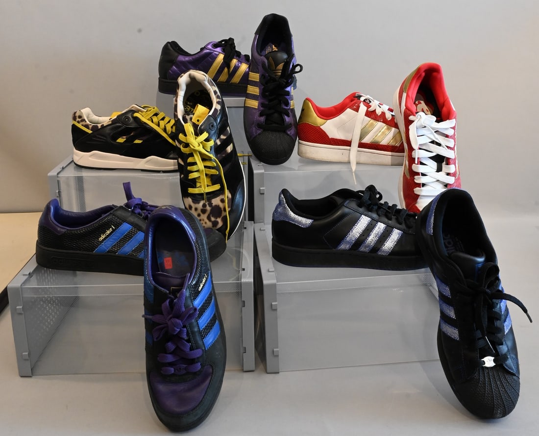 Five Pairs of Men's Adidas Sneakers: Five Pairs of Men's Adidas Sneakers Adidas Sneakers Adicolor I Lo in Black and Purple Slightly used with scuffs and marks Size 8 Adidas Sneakers Consortium Tech Super-WCAP in Animal Print and Black Al