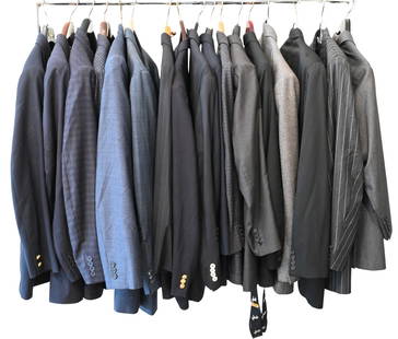 Full Center Rack of 17 Men's Suit Jackets: Full Center Rack of 17 Men's Suit Jackets to include Brioni, Brooks Brothers, Ermenegildo Zegna, Rhoders, Saks 5th Avenue, Silk, Wool, and Cashmere size 50 or custom made