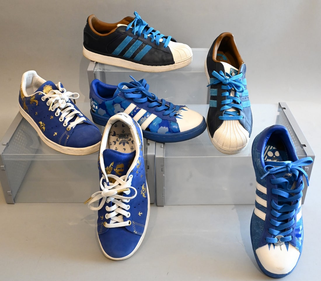 Three Pairs of Men's Adidas Sneakers: Three Pairs of Men's Adidas Sneakers Adidas Sneakers Originals Five-Two 3 City Artist Pack – KRSN Stan Smith in Blue and Gold Almost new with little scuffs, Retails for $100 Size 8.5 Adidas Sneakers