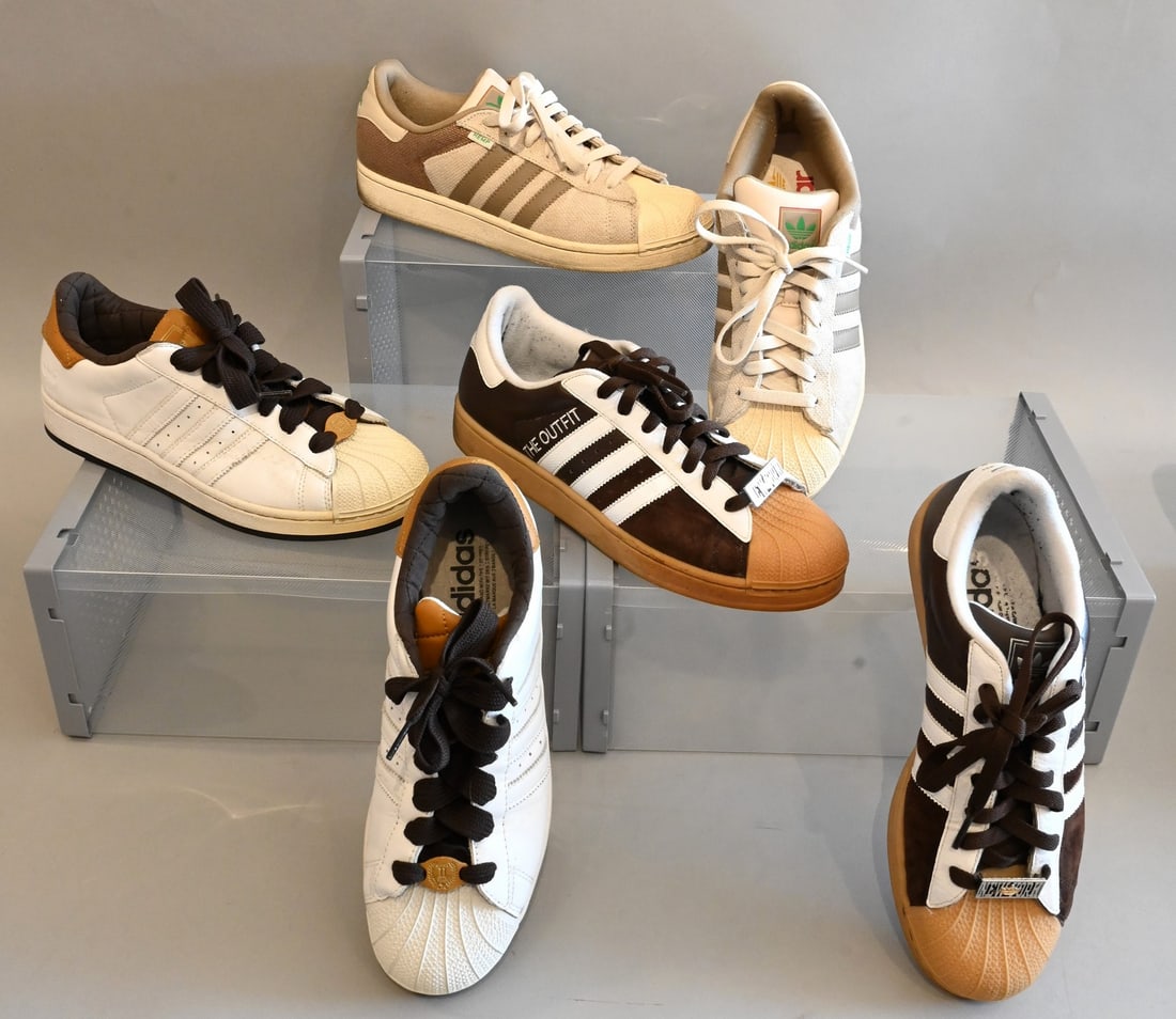 Three Pairs of Men's Adidas Sneakers: Three Pairs of Men's Adidas Sneakers Adidas Sneakers Superstar 2 in White and Brown Used with few scuffs and stained yellow sole Size 8.5 Adidas Sneakers HEMP Original Superstar in Brown Slightly used
