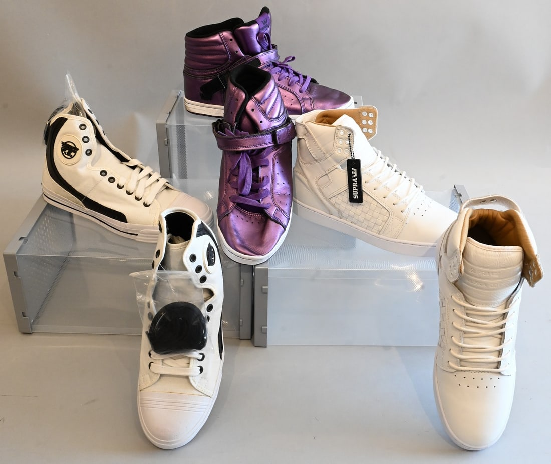 Three Pairs of Men's Sneakers: Three Pairs of Men's Sneakers Supra Sneakers Greco Suprano High in Metallic Purple Slightly worn with few scuffs and marks Size 8.5 PF Flyers Sneakers Hi-Tops in White Almost new with no scuffs or mar