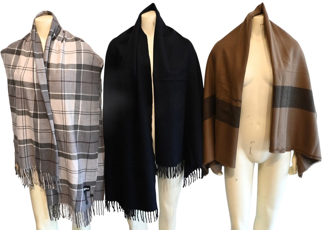 Group of Three Shawls / Wraps: Group of Three Shawls / Wraps to include Emanuel Agaro in dark green, Escada in navy blue having fringed ends, and Barbour in checkered grey having fringed ends