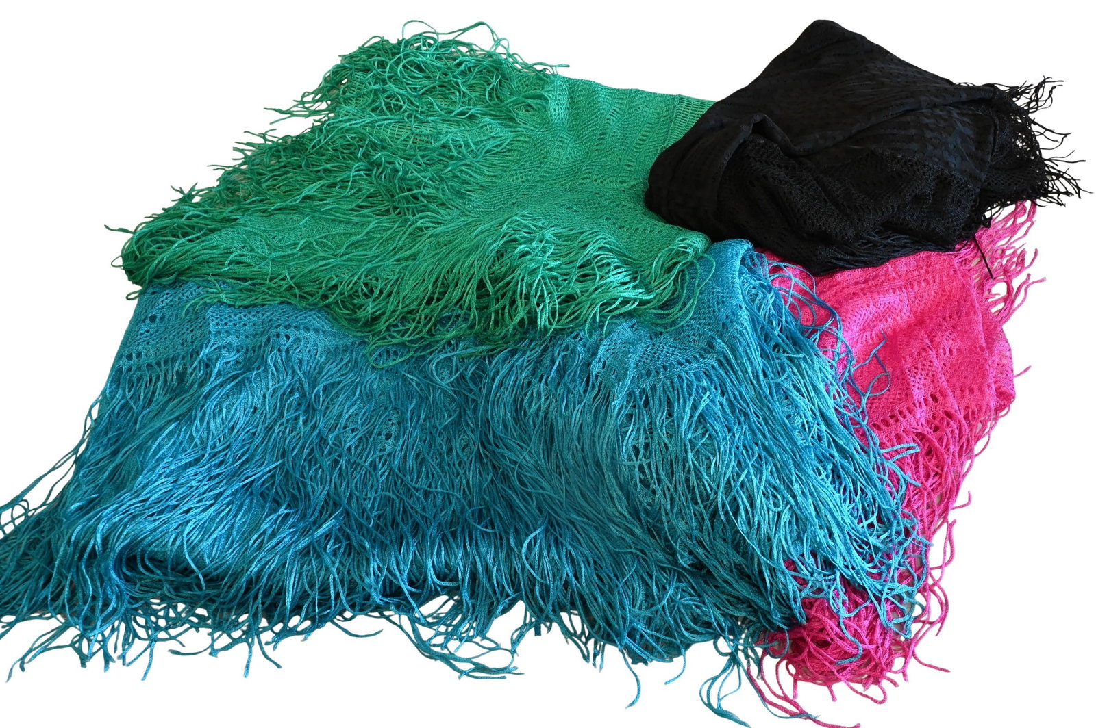 Group of Four Ken Scott Swimsuit Shawls: Group of Four Ken Scott Swimsuit Shawls in black, green, pink, and blue
