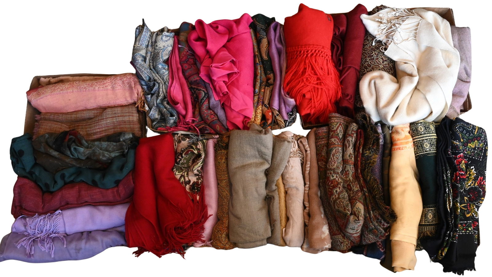 Five Tray Lots of Cashmere Blend Pashminas and Scarves: Five Tray Lots of Cashmere Blend Pashminas and Scarves to include paisley, plaid, monochrome patterns, and pashmina cashmere