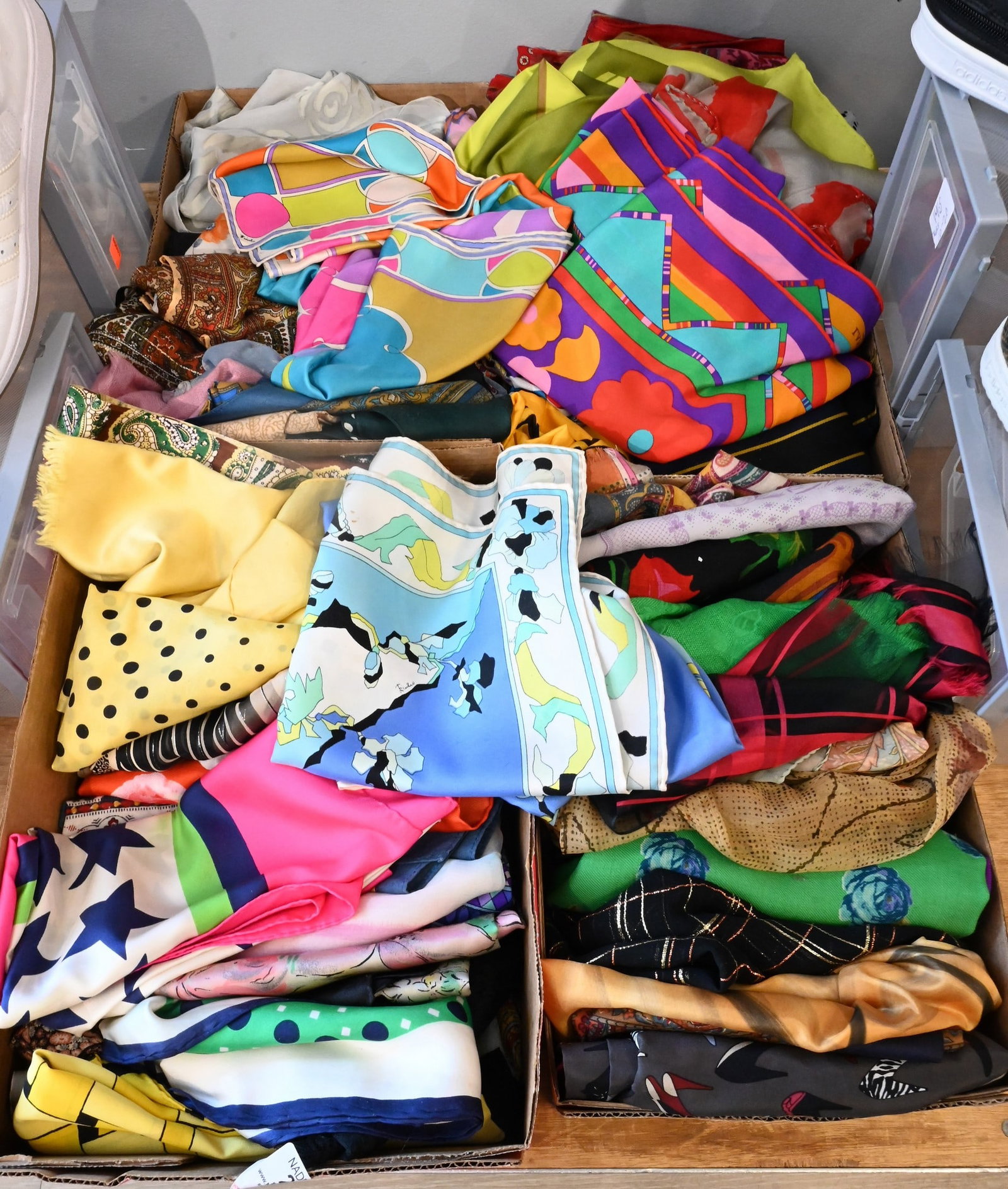 Four Tray Lots of Primarily Silk Scarves: Four Tray Lots of Primarily Silk Scarves to include Etro, Emilio, etcetera