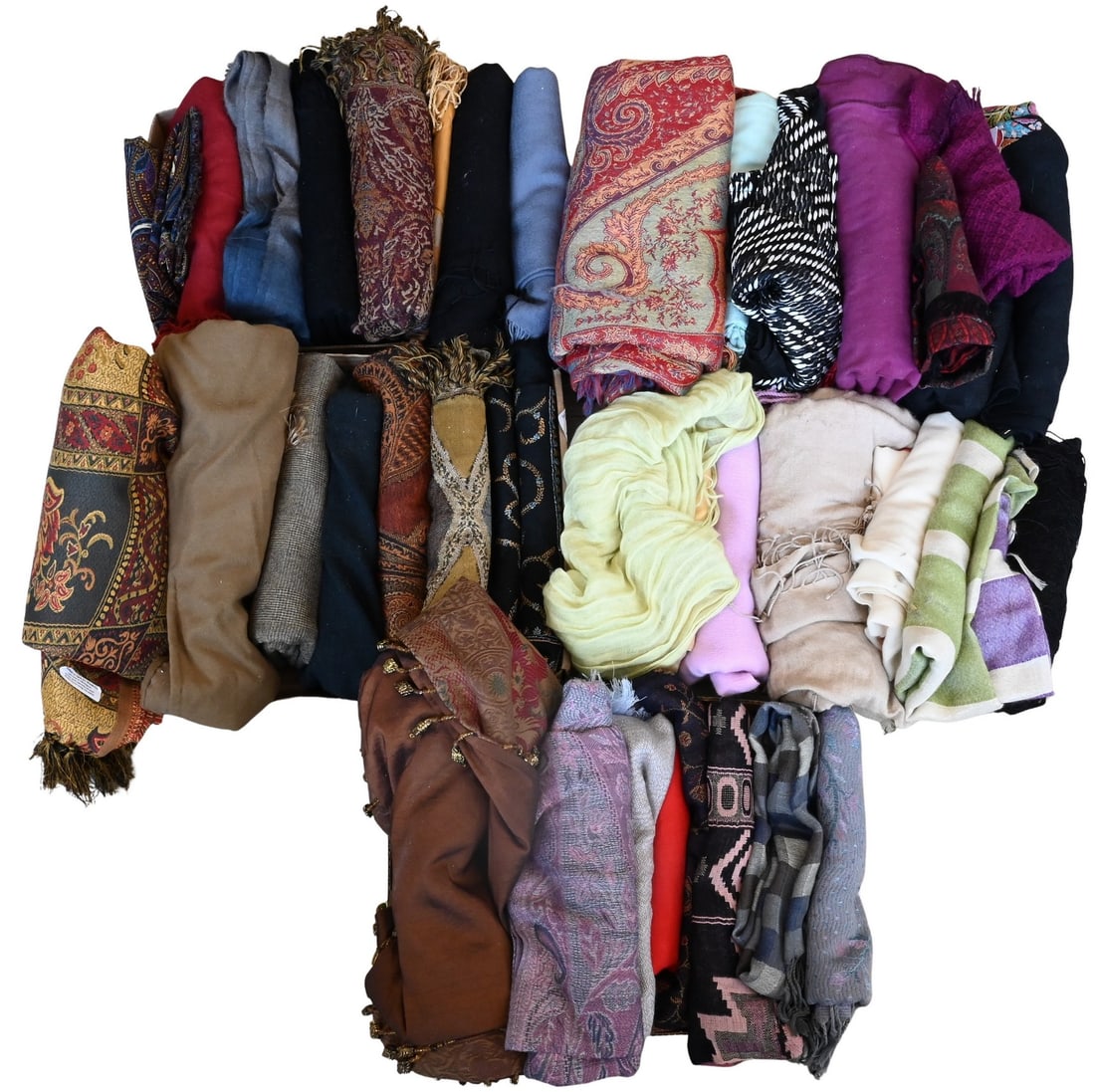 Five Tray Lots of Cashmere Blend Pashminas and Scarves: Five Tray Lots of Cashmere Blend Pashminas and Scarves to include paisley, floral, geometric, and monochrome patterns