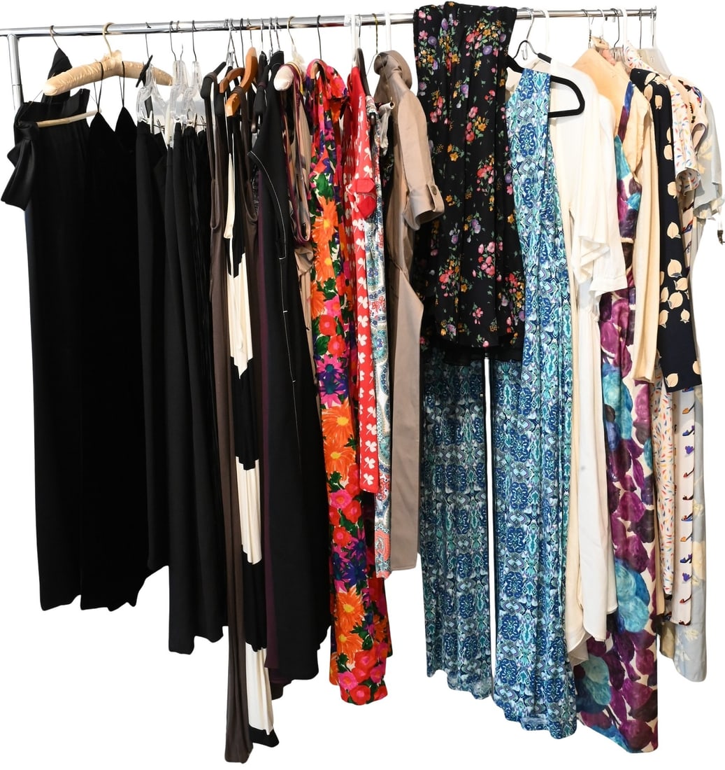 Large Group of Women's Designer Dresses: Large Group of Women's Designer Dresses to include Norma Kamali black and white stripes with tags size extra large, Matta paisley dress with tags retails for $214, Ala Casa floral jumpsuit, etcetera