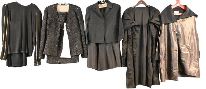 Five Piece Women's Designer and Custom Clothing Lot: Five Piece Women's Designer and Custom Clothing Lot to include Peggy Jennings skirt and blazer set, Miu Miu Italy skirt and blazer set size small, Emmelle 3/4 length jacket size 1, black and gold vint