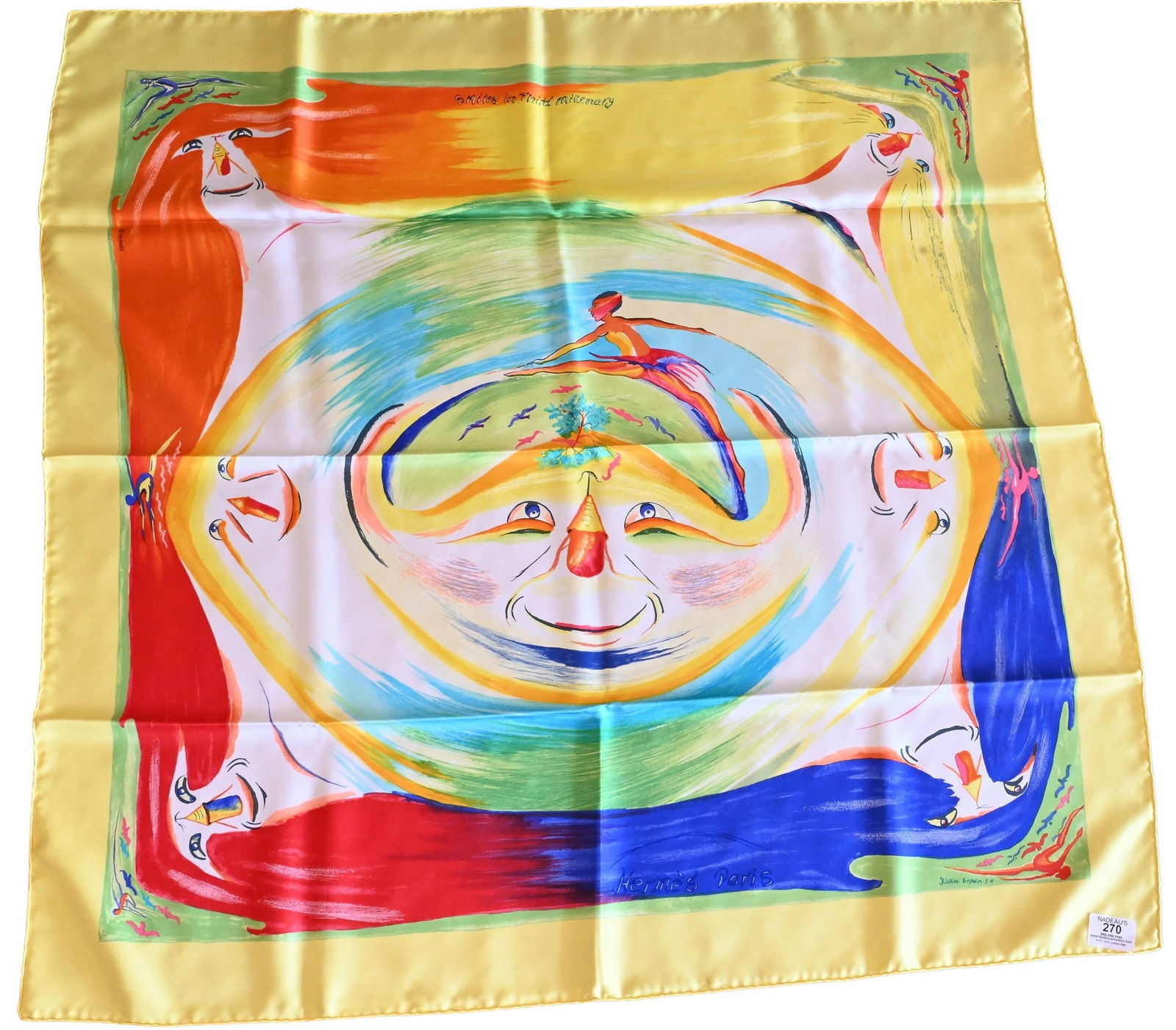 Hermes Paris "Smiles in Third Millenary" Silk Scarf: Hermes Paris "Smiles in Third Millenary" Silk Scarf in yellow border, green, orange, blue, by Sefedin Ibrahim Alamin (I.A. Kwumi Sefedin) 2000 35" x 35" Condition: in original box