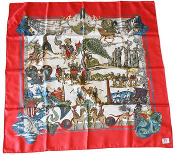 Hermes Paris "Au Fil de la Soie" Silk Scarf: Hermes Paris "Au Fil de la Soie" Silk Scarf in red border, beige, blue, and white, by Annie Faivre 1995 35" x 35"