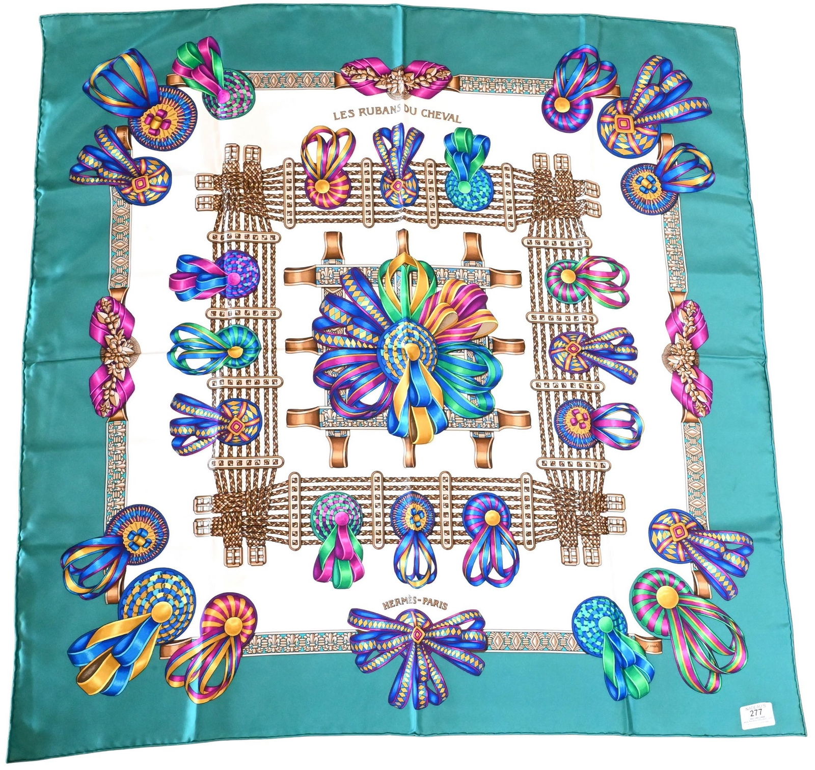 Hermes Paris "Les Rubans du Cheval" Silk Scarf: Hermes Paris "Les Rubans du Cheval" Silk Scarf in turquoise, green, white, brown, and fuschia, by Joachim Metz 1988 35" x 35"