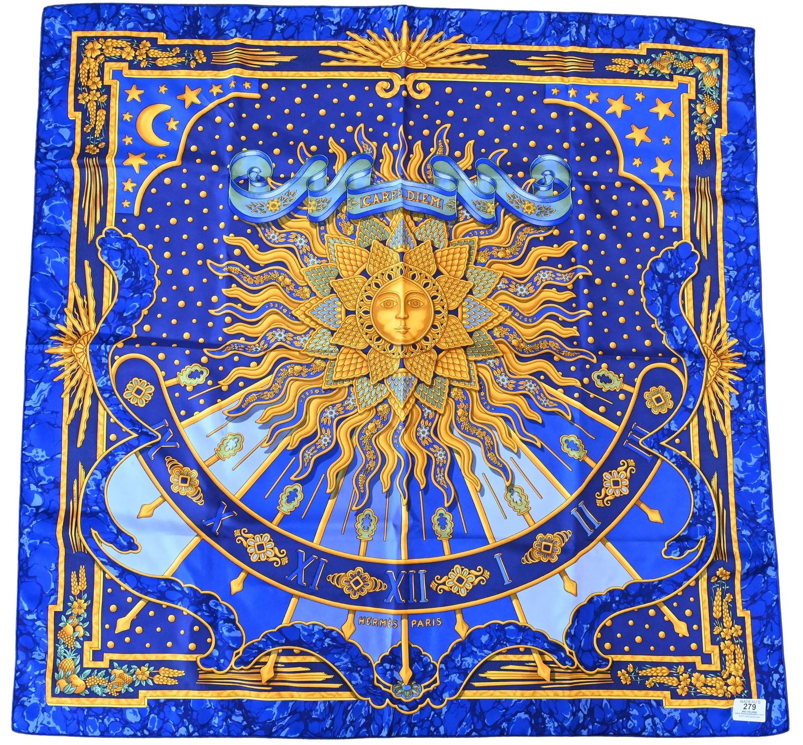 Hermes Paris "Carpe Diem" Silk Scarf: Hermes Paris "Carpe Diem" Silk Scarf in blue and gold, by Joachim Metz 1994 35" x 35"