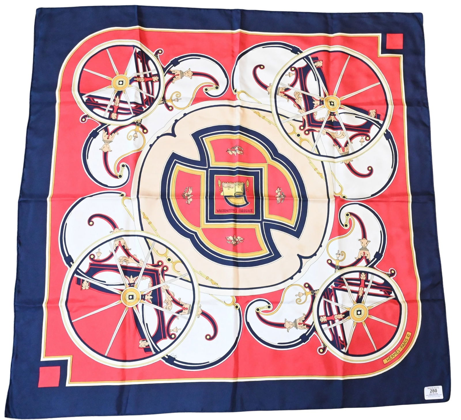 Hermes Paris "Washington's Carriage" Silk Scarf: Hermes Paris "Washington's Carriage" Silk Scarf in navy blue, red, and gold, by Cathy Latham 1978 36" x 36"