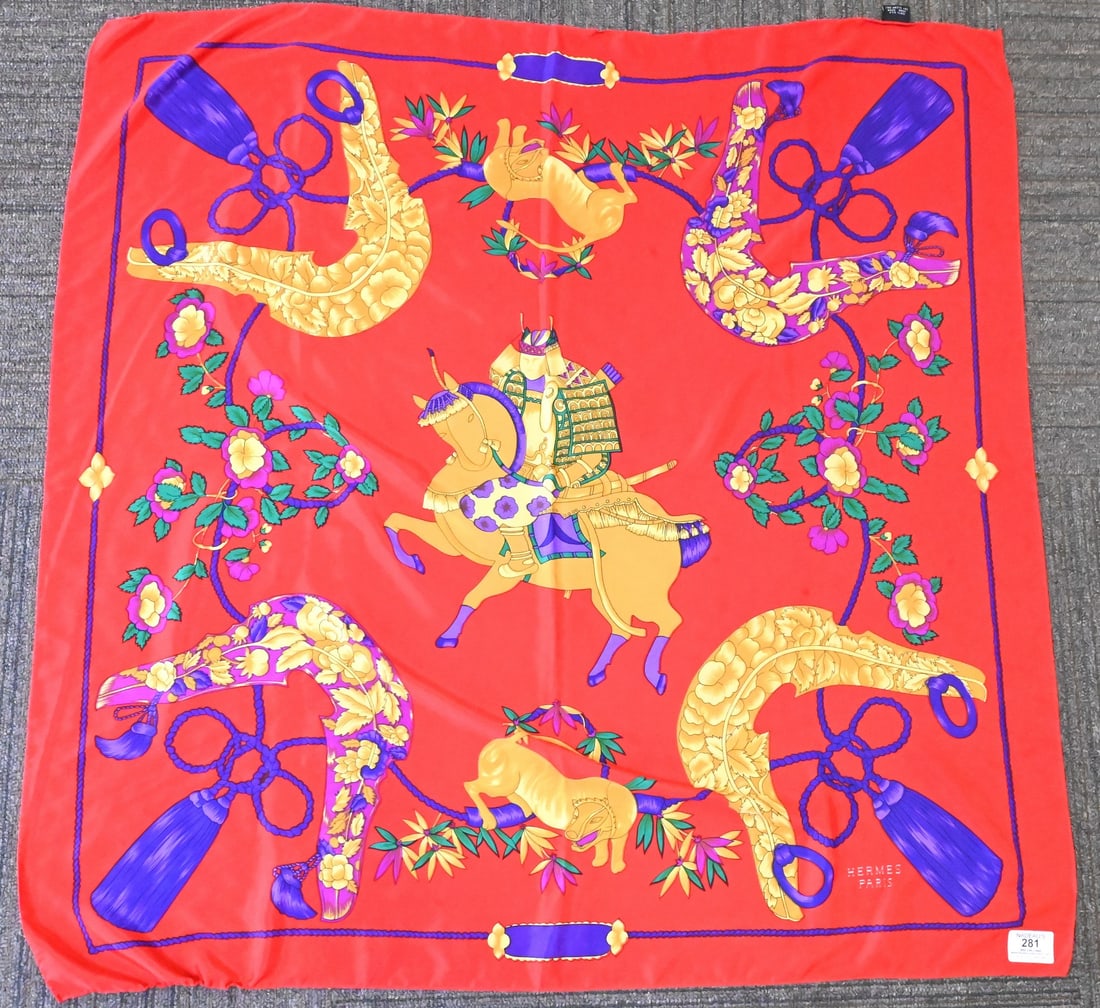 Hermes Paris "Samurai" Silk Scarf: Hermes Paris "Samurai" Silk Scarf in red, gold, and purple, by Zoe Pauwels 1991 35" x 35"
