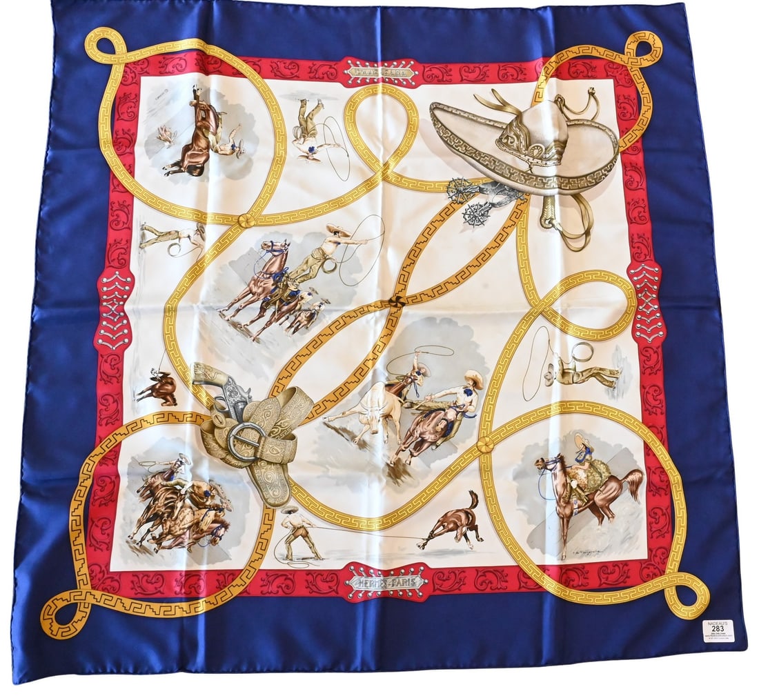 Hermes Paris "Charreada" Silk Scarf: Hermes Paris "Charreada" Silk Scarf in red, white, navy blue, and gold, by Jean de Fougerolle 1990 35" x 35"