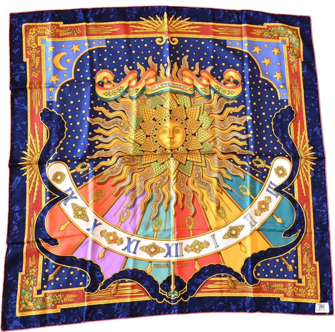 Hermes Paris "Carpe Diem" Silk Scarf: Hermes Paris "Carpe Diem" Silk Scarf in navy blue, gold, having thin red border, by Joachim Metz 1994 35" x 35"