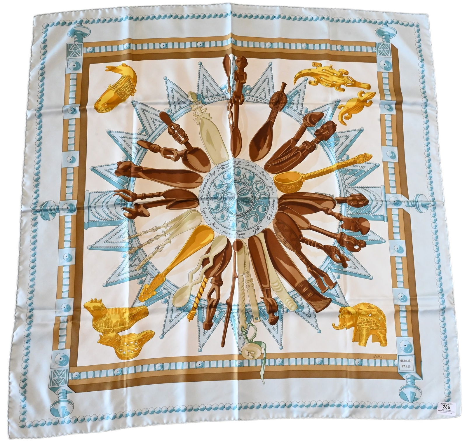 Hermes Paris "Cuillers D'Afrique" Silk Scarf: Hermes Paris "Cuillers D'Afrique" Silk Scarf in turquoise blue, white, and gold, by Cathy Latham 1990 35" x 35"