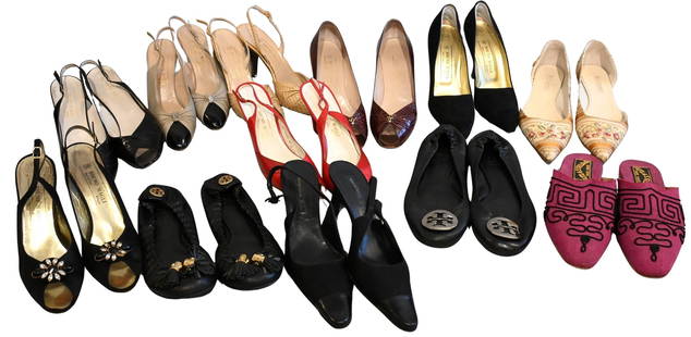 Group of Twelve Pairs of Bruno Magli Women's High Heel and Shoes: Group of Twelve Pairs of Bruno Magli Women's High Heel and Shoes to include beige cobra, black suede, black satin slings, red slings etcetera...sizes 8 1/2-9 Condition: all very worn with scuffing, be