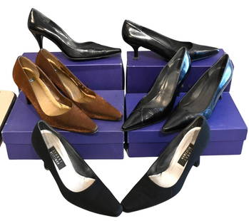 Group of Four Pairs of Stuart Weitzman Women's Shoes: Group of Four Pairs of Stuart Weitzman Women's Shoes to include "Raquel" black high heel with black peau, silk pump, "Kiss" black high heel, "Dreamy", "Era" bronze sparkle high heel, sizes 8 1/2-9 Con