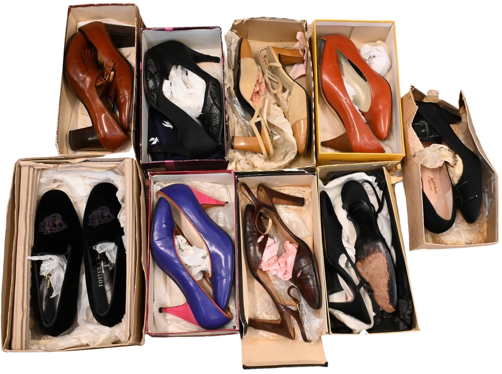 Group of Nine Pairs of Women's Shoes: Group of Nine Pairs of Women's Shoes to include Newton Elkin, Roberto Nogueron, retails for $124, Rayne Foster and Son etcetera sizes 8-9 Condition: all worn with boxes and packaging