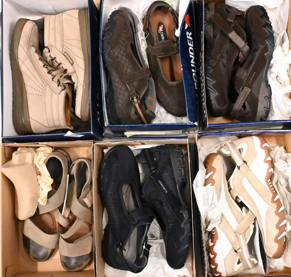 Group of Six Pairs of AllRounder and Merrell Women's Shoes: Group of Six Pairs of AllRounder and Merrell Women's Shoes to include "Niro" in espresso, suede, mesh, retails for $165, "Nimbo" in desert white cow suede, retails for $180, Merrell "Encore Breeze 4" 