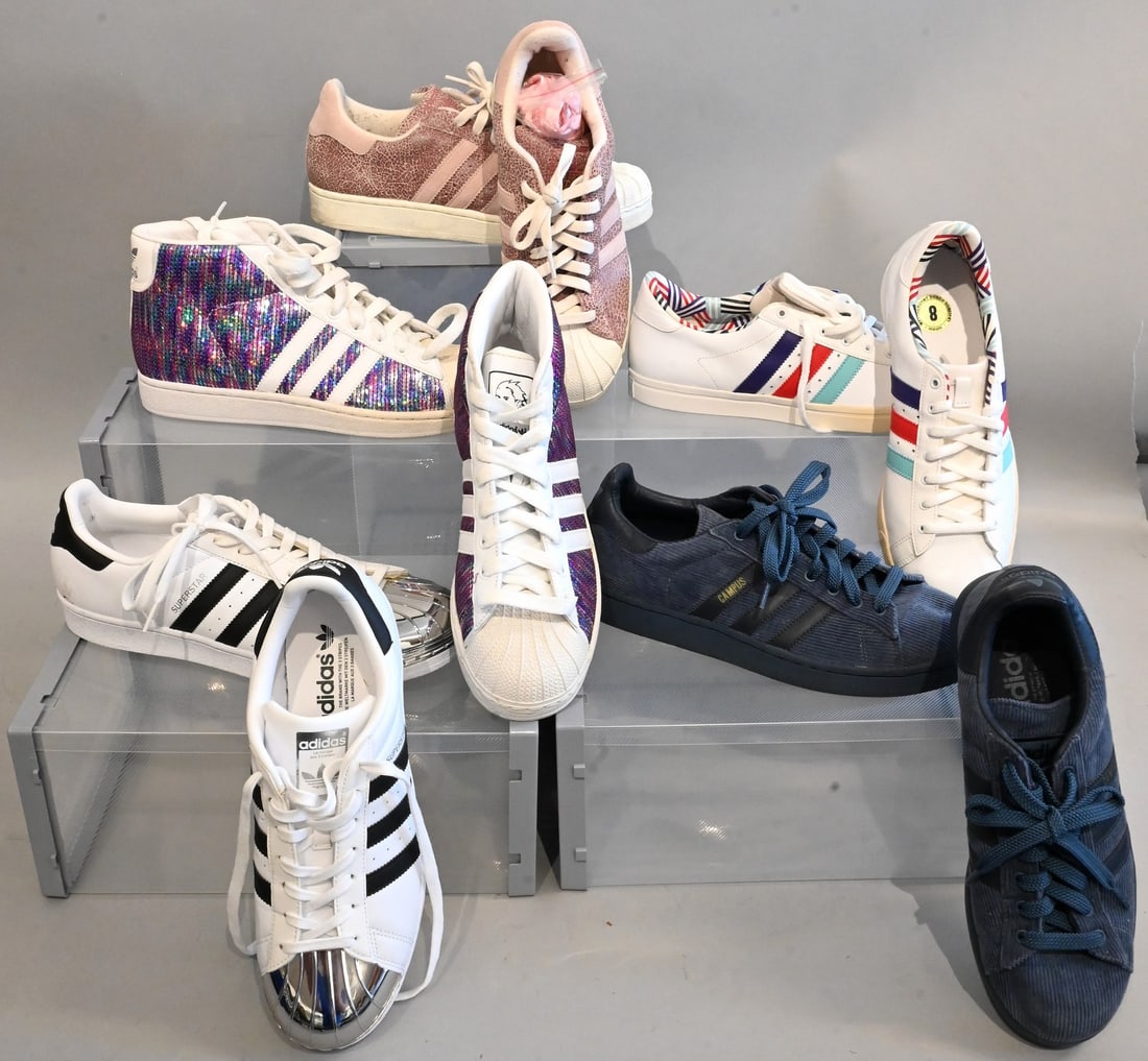 Five Pairs of Men's and Women's Adidas Sneakers: Five Pairs of Men's and Women's Adidas Sneakers Adidas Sneakers Campus Corduroy in Blue Almost new with no scuffs or marks, Retails for $50 Womens size 10 Adidas Sneakers Women's Superstar in Pink and