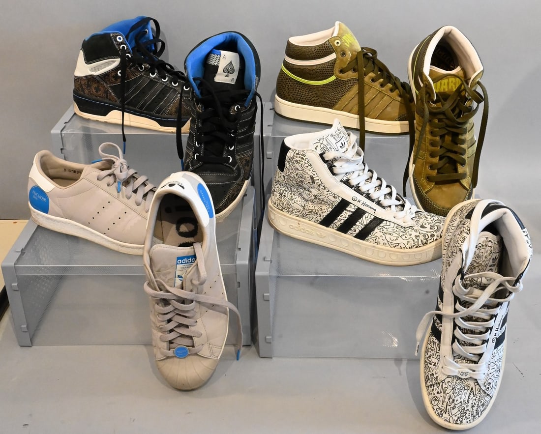 Four Pairs of Men's Adidas Sneakers: Four Pairs of Men's Adidas Sneakers Adidas Sneakers Adidas x Pochoir - Superstar 80 in White and Grey Used with scuff marks on the bottom Size 8.5 Adidas Sneakers Metro Attitude Poker Play in Black an