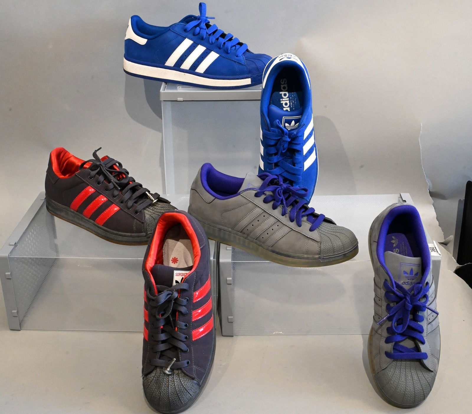 Three Pairs of Men's Adidas Sneakers: Three Pairs of Men's Adidas Sneakers Adidas Sneakers Superstar 1 Music 'Red Hot Chili Peppers' in Grey and Red with Small Rainbow Strips Slightly used with few scuffs, Retails for $300 Size 8.5 Adidas