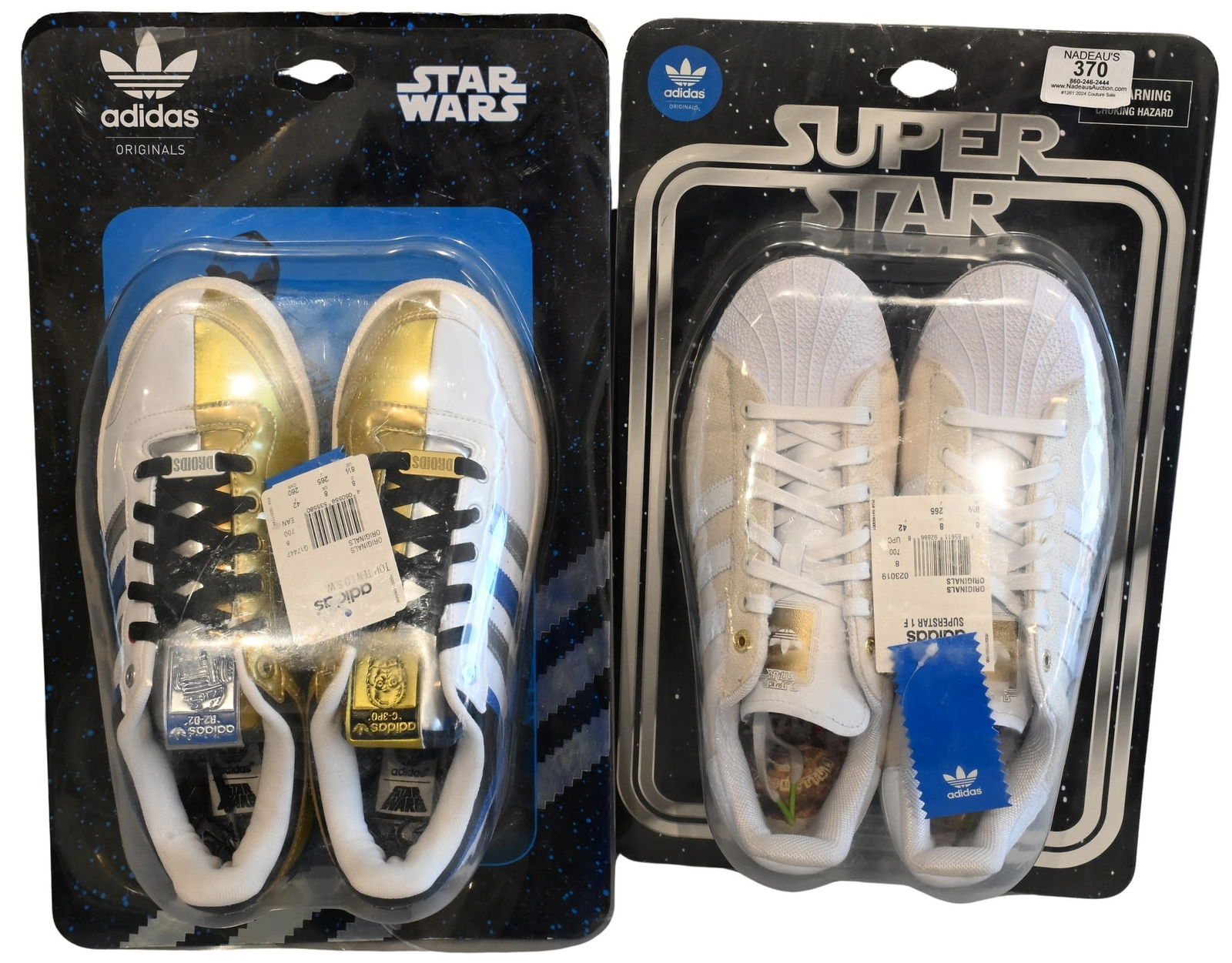 Two Pairs of Men's Adidas Sneakers: Two Pairs of Men's Adidas Sneakers Adidas Sneakers Star Wars Featuring C-3P0 and R2-D2 in White and Gold Not appeared to be worn with tag and original case Size 8.5 Adidas Sneakers Star Wars Super Sta