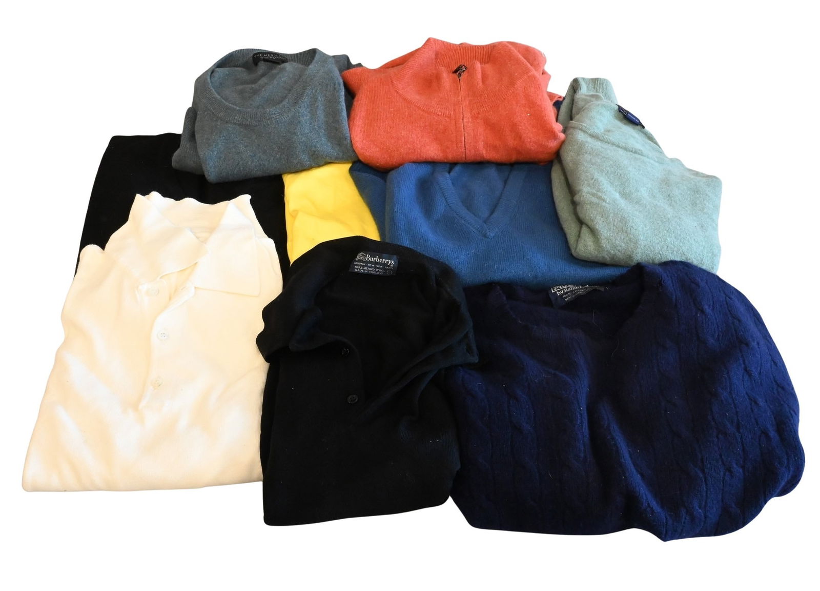 Group of Women's Cashmere Sweaters / Shirts: Group of Women's Cashmere Sweaters / Shirts to include Ralph Lauren in navy blue and yellow size extra large, Pringle Burberry in blue and black size 40, Charter Club in green size large, Bloomingdale