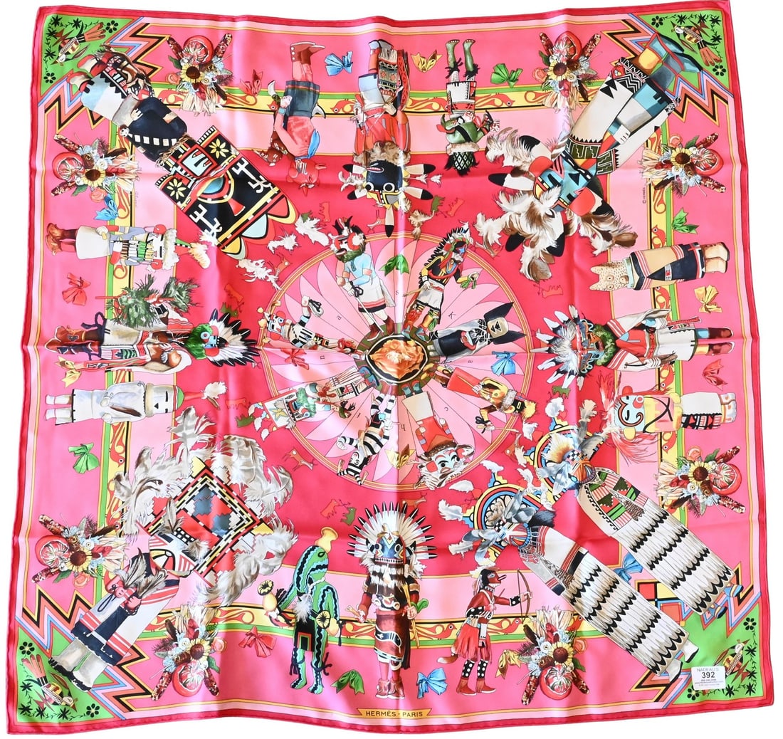 Hermes Paris "Kachinas" Silk Scarf: Hermes Paris "Kachinas" Silk Scarf in fuchsia pink, green, yellow, and white, by Kermit Oliver 1992 35" x 35"