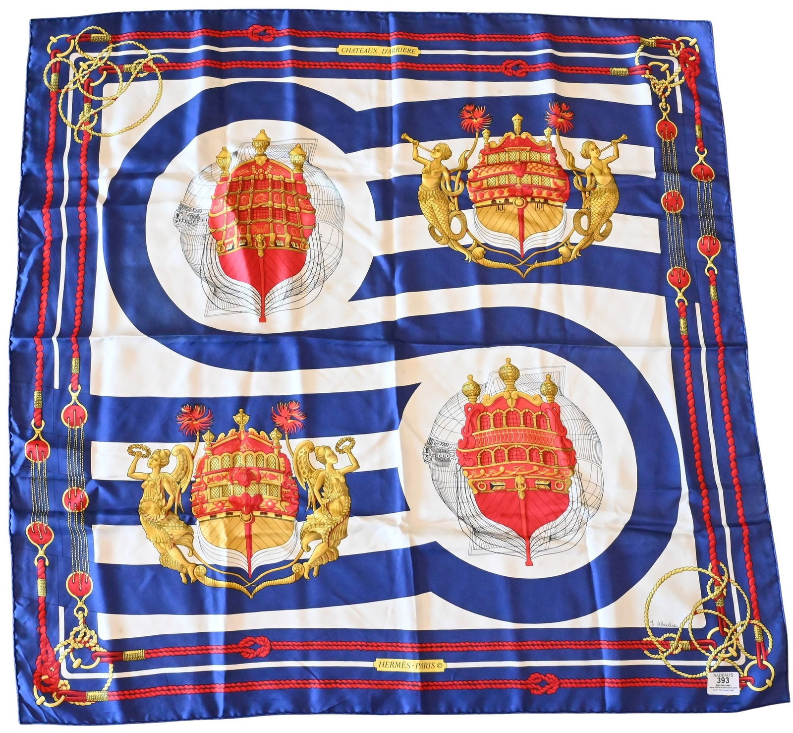 Hermes Paris "Chateaux D'Arriere" Silk Scarf: Hermes Paris "Chateaux D'Arriere" Silk Scarf in navy blue, red, gold, white, by Julia Abadie 1974 35" x 35"