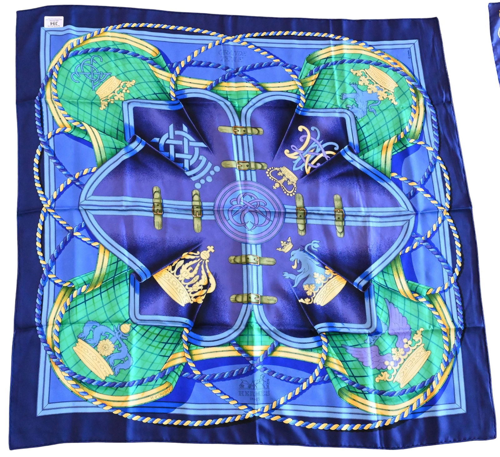 Hermes Paris "Grande Tenue" Silk Scarf: Hermes Paris "Grande Tenue" Silk Scarf in navy blue, purple, green, gold, by Henri D'Origny 1985 35" x 35"