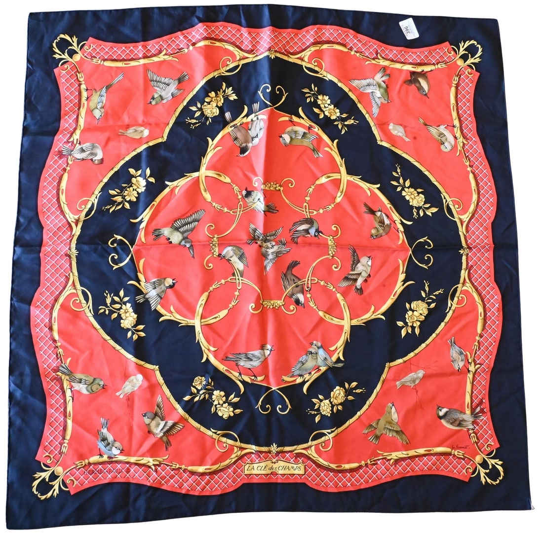 Hermes Paris "Cle des Champs" Silk Scarf: Hermes Paris "Cle des Champs" Silk Scarf in black, red, gold, by Francoise Faconnet 1965 35" x 35"