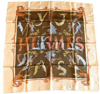 Hermes Paris "Alphabet III" Silk Scarf: Hermes Paris "Alphabet III" Silk Scarf in cream, beige, brown, orange, by Annie Faivre 1990 35" x 35"