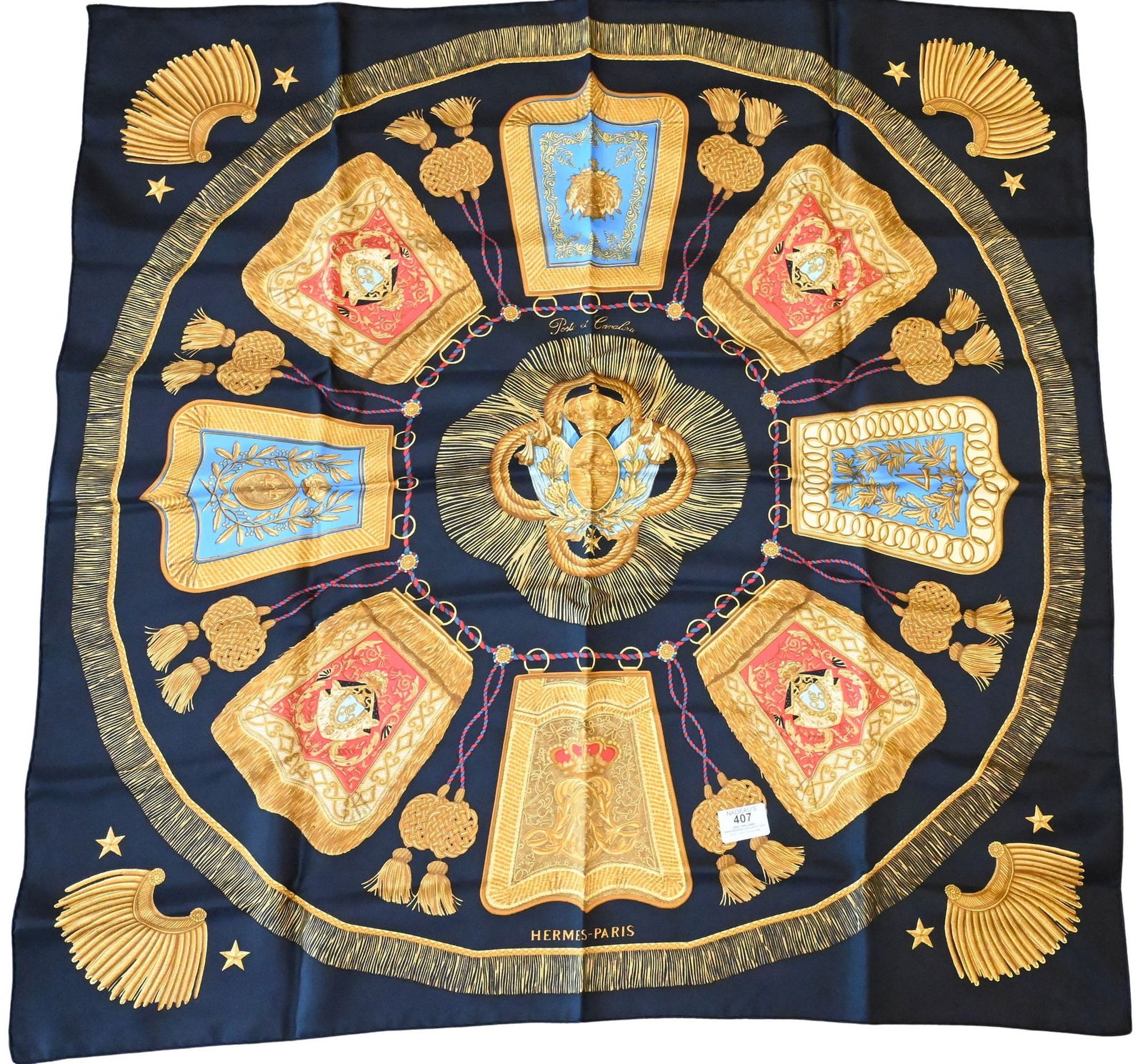 Hermes Paris "Poste et Cavalière" Silk Scarf: Hermes Paris "Poste et Cavalerie" Silk Scarf in black, gold, blue, red, by Joachim Metz 1986 35" x 35"
