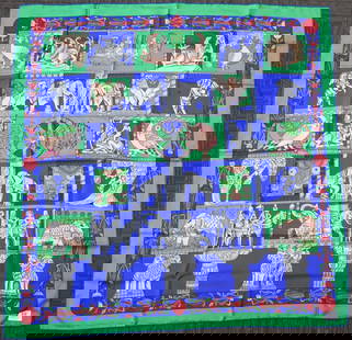 Hermes Paris "Torana" Silk Scarf: Hermes Paris "Torana" Silk Scarf in blue, green, silver, by Annie Faivre 1987 35" x 35"