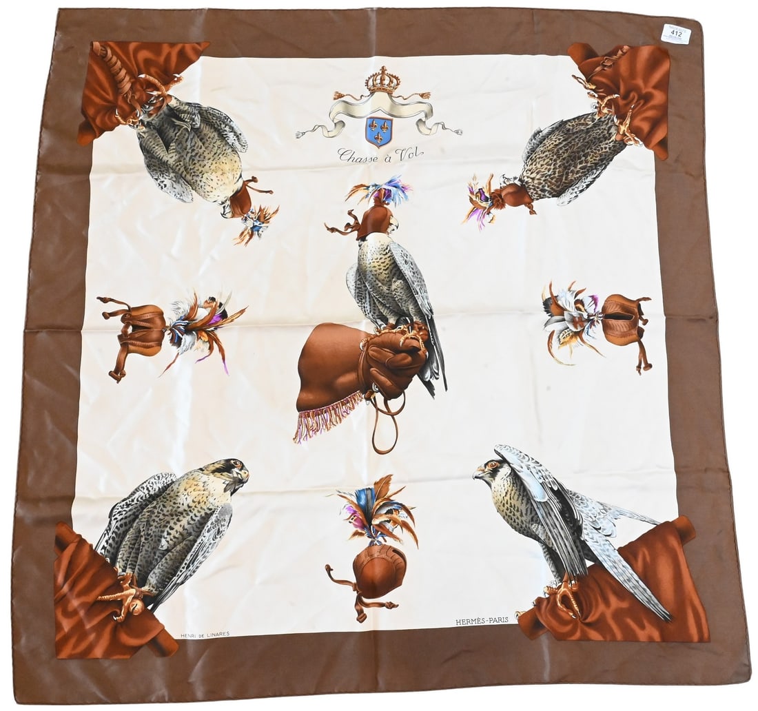 Hermes Paris "Chasse a Vol" Silk Scarf: Hermes Paris "Chasse a Vol" Silk Scarf in brown and beige, by Henri de Linares 1962 35" x 35" Condition: in original box