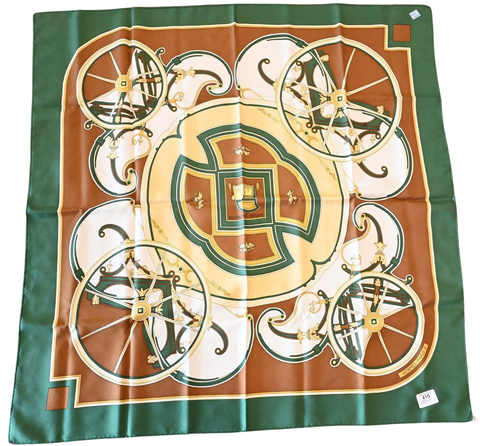 Hermes Paris "Washington's Carriage" Silk Scarf: Hermes Paris "Washington's Carriage" Silk Scarf in brown, green, gold, by Cathy Latham 1978 35" x 35"