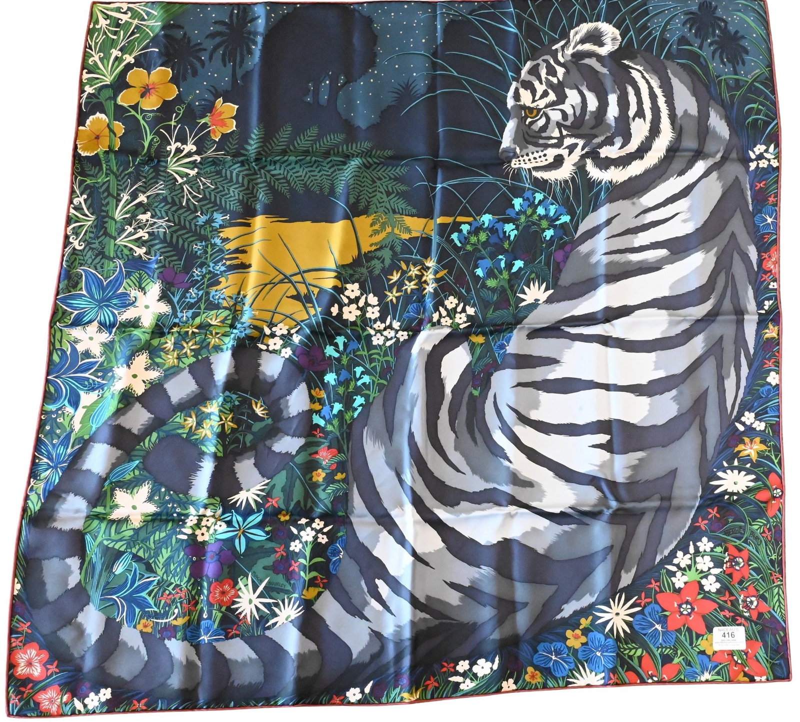 Hermes Paris "Tyger, Tyger, Burning Bright in the Forests of the Night" Silk Scarf: Hermes Paris "Tyger, Tyger, Burning Bright in the Forests of the Night" Silk Scarf in navy blue, teal, yellow ochre, gray, red, by Alice Shirley as tribute to William Blake's poem "The Tyger" 1794 35"