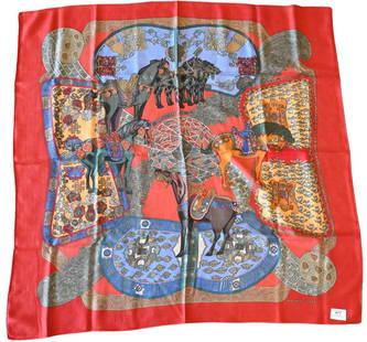 Hermes Paris "Art des Steppes" Cashmere and Silk Scarf: Hermes Paris "Art des Steppes" Cashmere and Silk Scarf in brick red, orange, blue, yellow ochre, by Annie Faivre 1991 35" x 35"