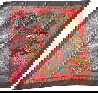 Hermes Paris "Les Legendes de l'Arbre" Cashmere and Silk Scarf: Hermes Paris "Les Legendes de l'Arbre" Cashmere and Silk Scarf in brown, red and beige, by Annie Faivre 1998 35" x 35"