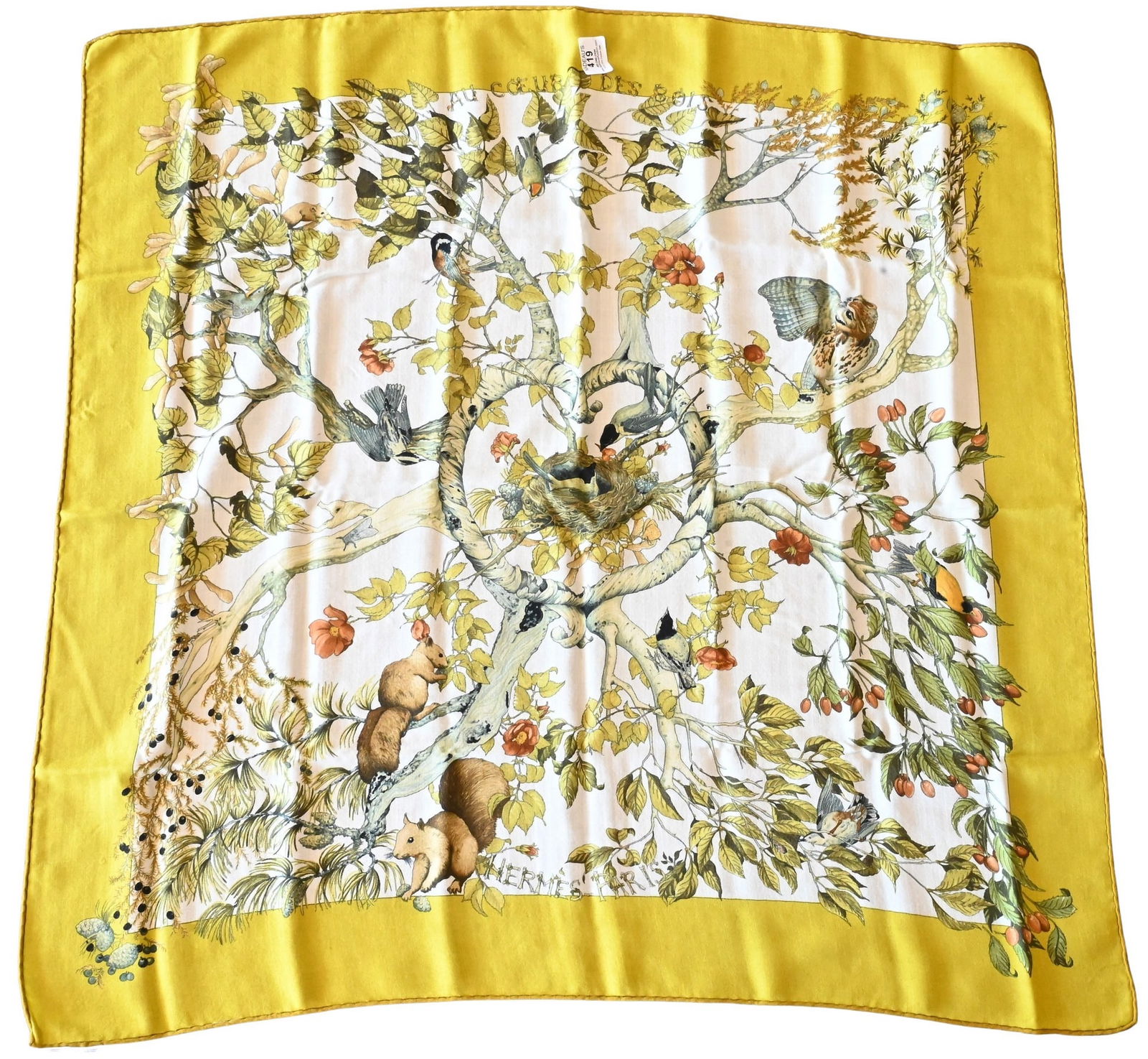 Hermes Paris "Au Coeur des Bois" Silk Scarf: Hermes Paris "Au Coeur des Bois" Silk Scarf in yellow/green, orange, beige, by Zoe Pauwels 1998 35" x 35"