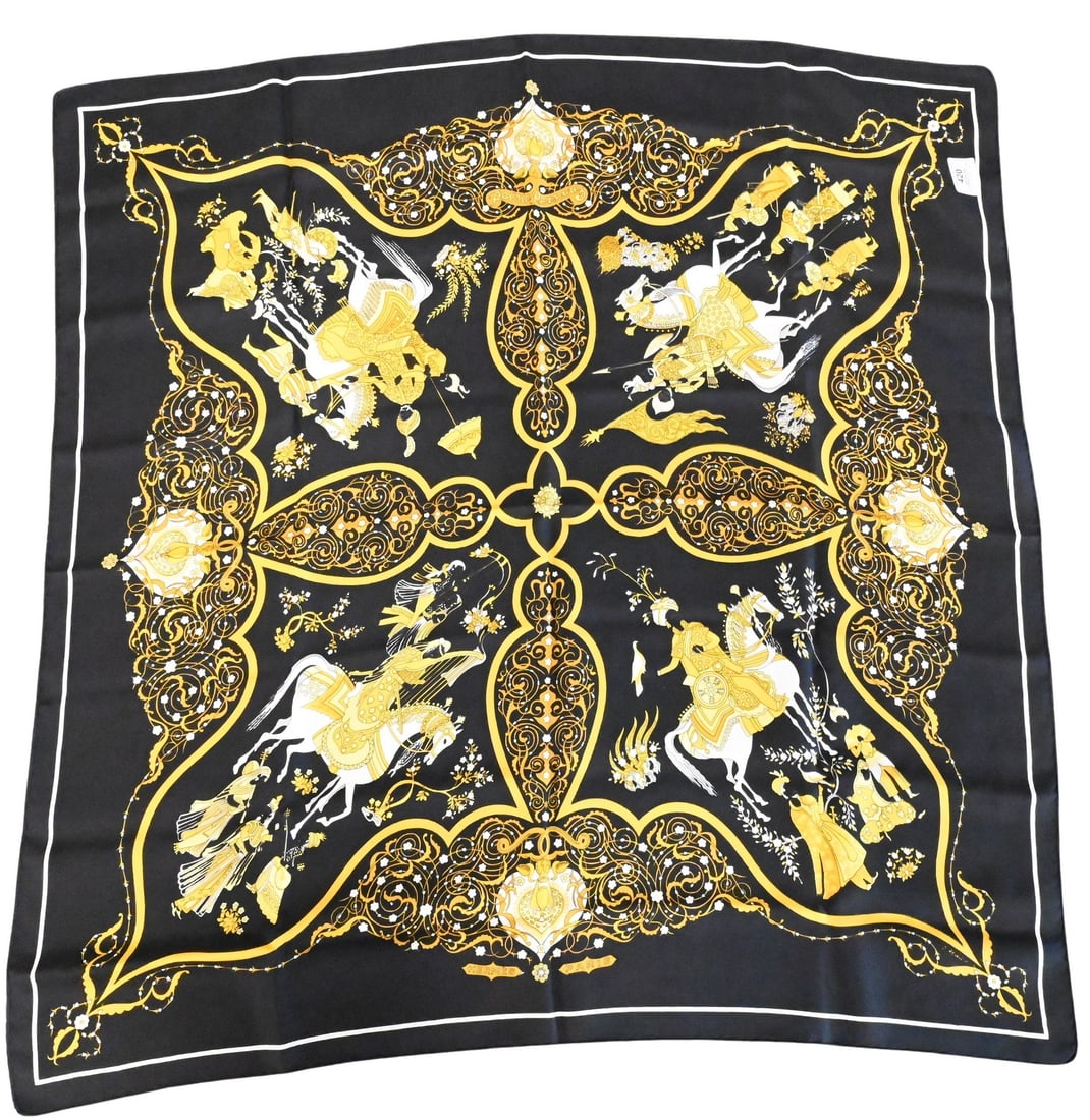 Hermes Paris "Poesie Persane" Silk Scarf: Hermes Paris "Poesie Persane" Silk Scarf in black, gold, white, by Julia Abadie 1988 35" x 35"
