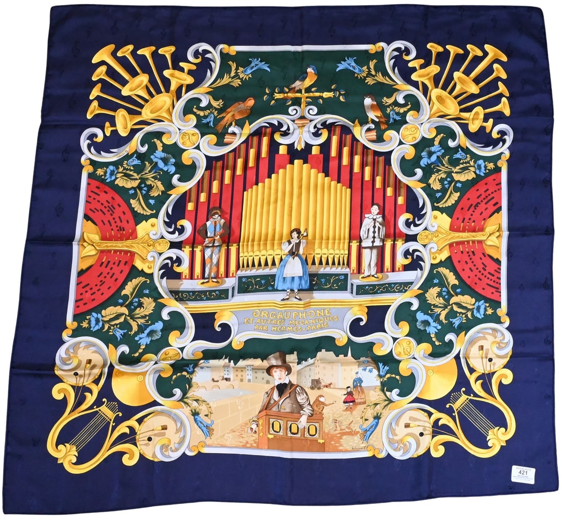Hermes Paris "Orgauphone et Autres Mecaniques" Silk Scarf: Hermes Paris "Orgauphone et Autres Mecaniques" Silk Scarf in navy blue, sage green, gold, and white, by Francoise Faconnet 1996 36" x 36"