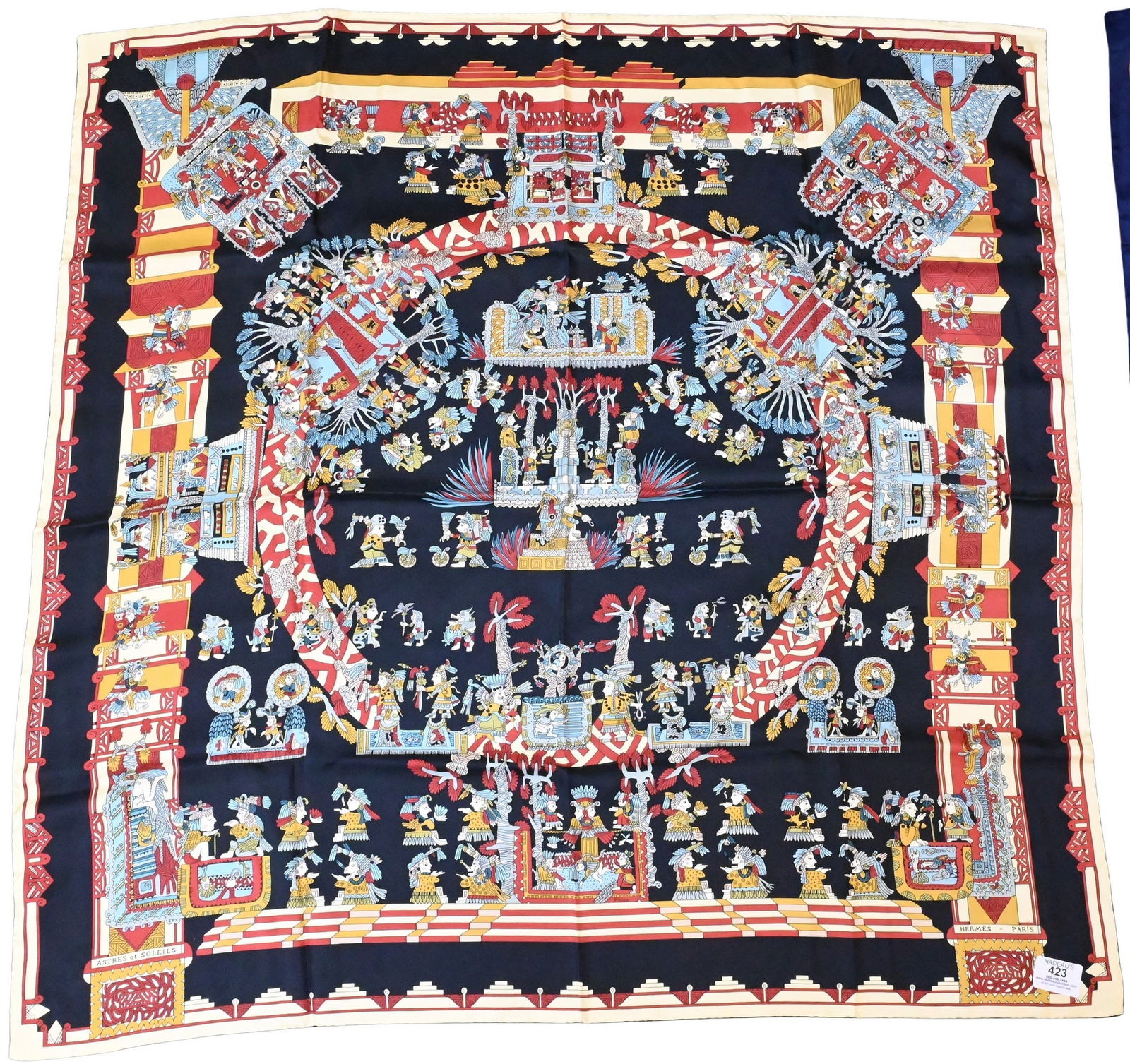 Hermes Paris "Astres et Soleils" Silk Scarf: Hermes Paris "Astres et Soleils" Silk Scarf in black, red, beige, and teal, by Annie Faivre 1994 35" x 35"