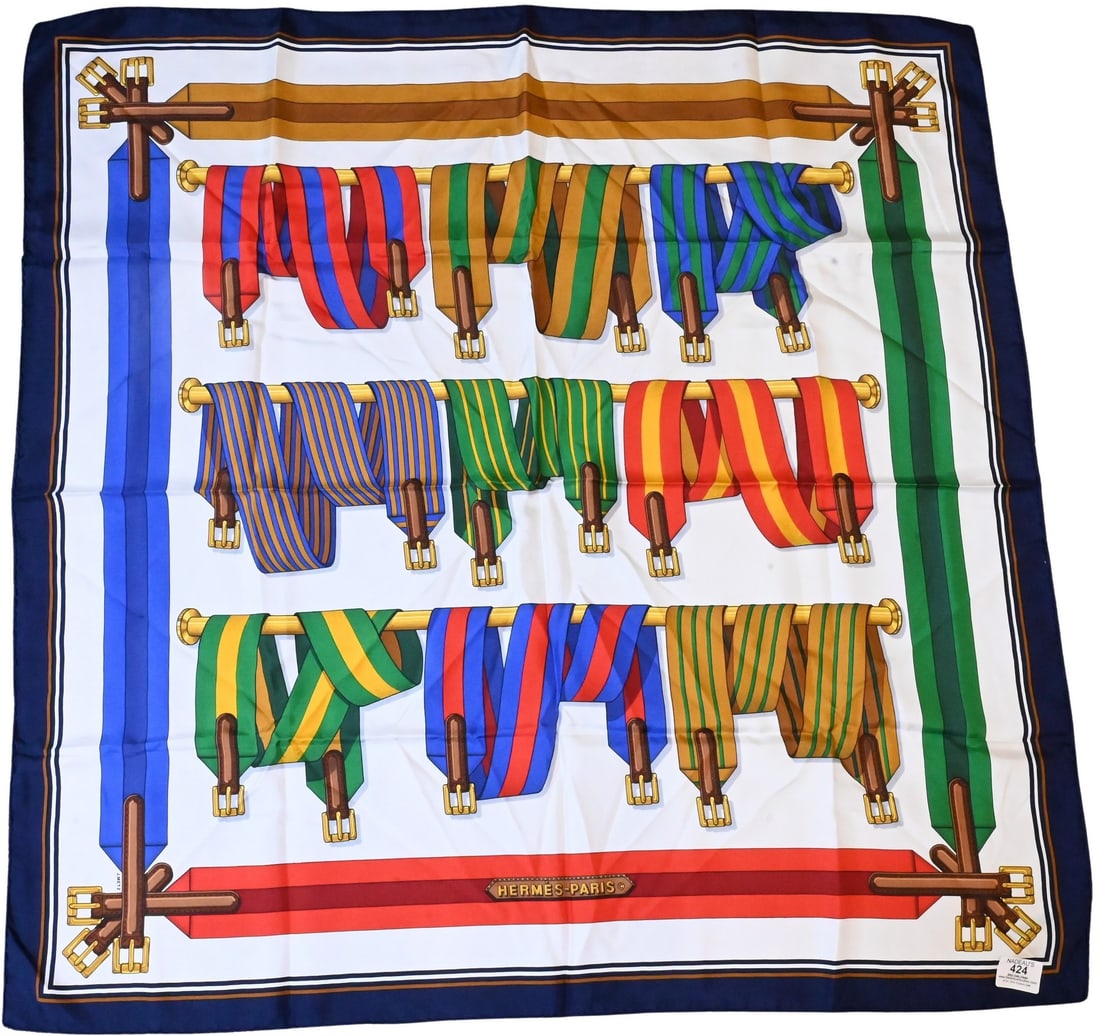 Hermes Paris "Sangles" Silk Scarf: Hermes Paris "Sangles" Silk Scarf in navy blue, green, red, gold, white, by Joachim Metz 1985 35" x 35"
