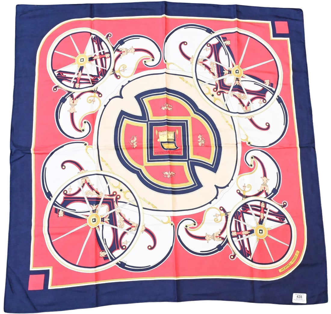 Hermes Paris "Washington's Carriage" Silk Scarf: Hermes Paris "Washington's Carriage" Silk Scarf in navy blue, red, white, by Cathy Latham 1978 35" x 35"